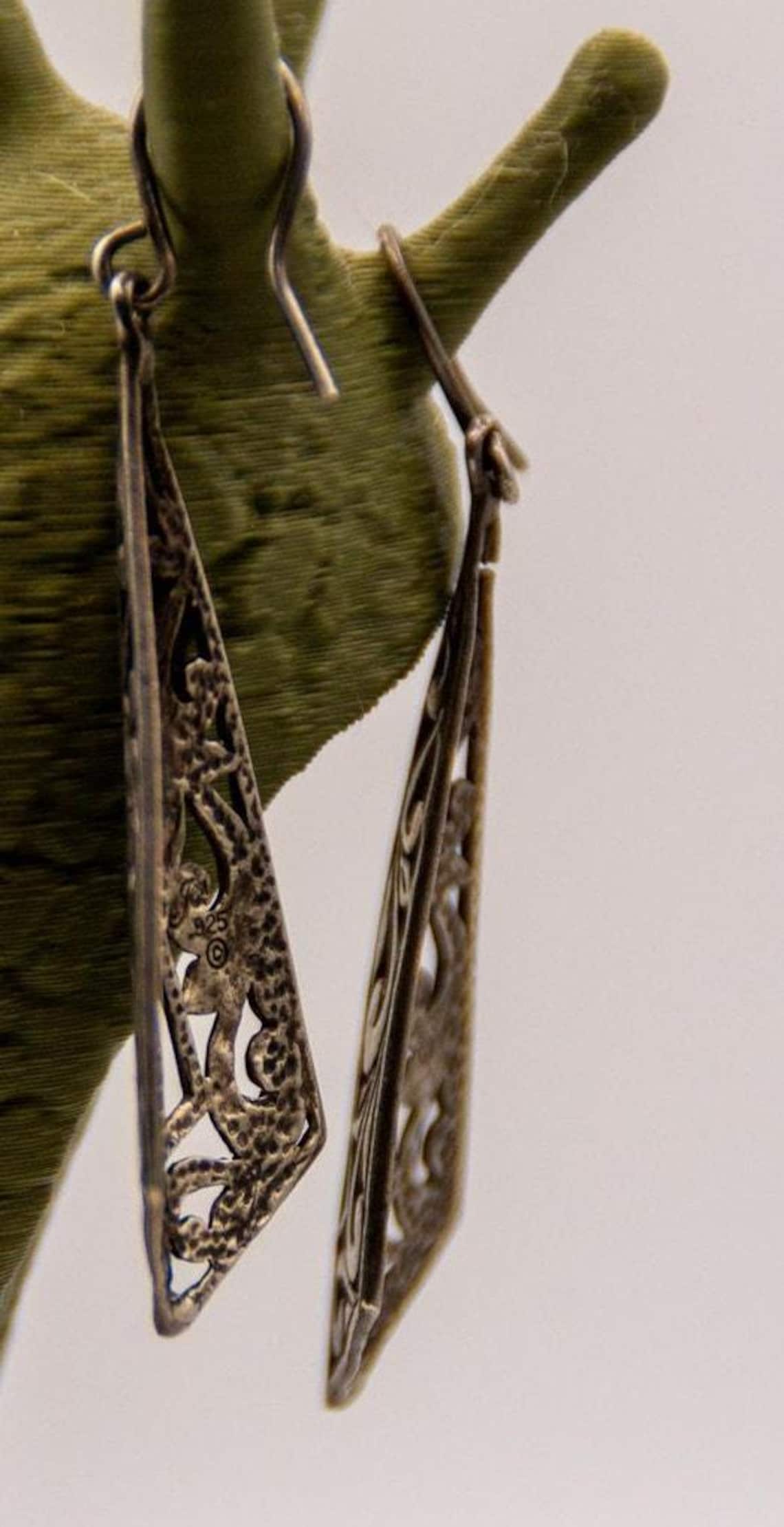 Vintage 925 Sterling Silver Filigree Dangle Drop Earrings Boho Openwork 1970s, photo 2 of 3