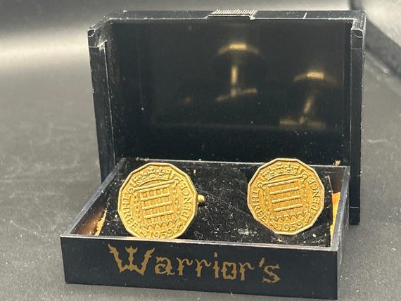 Vintage 1959 British Three Pence Coin Cufflinks | Gold Tone Boxed Warriors UK
