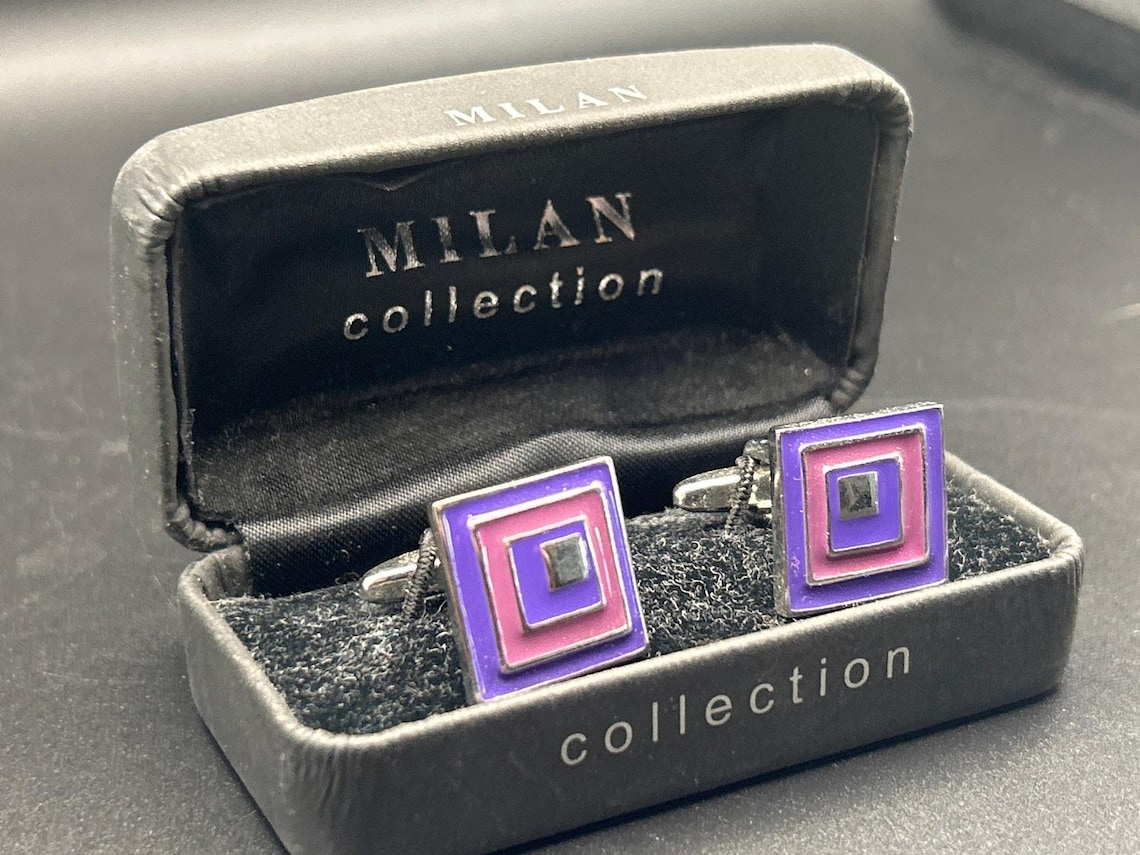 Vintage Milan Collection Cufflinks | Retro Purple Pink Nested Geometric Boxed, photo 2 of 8
