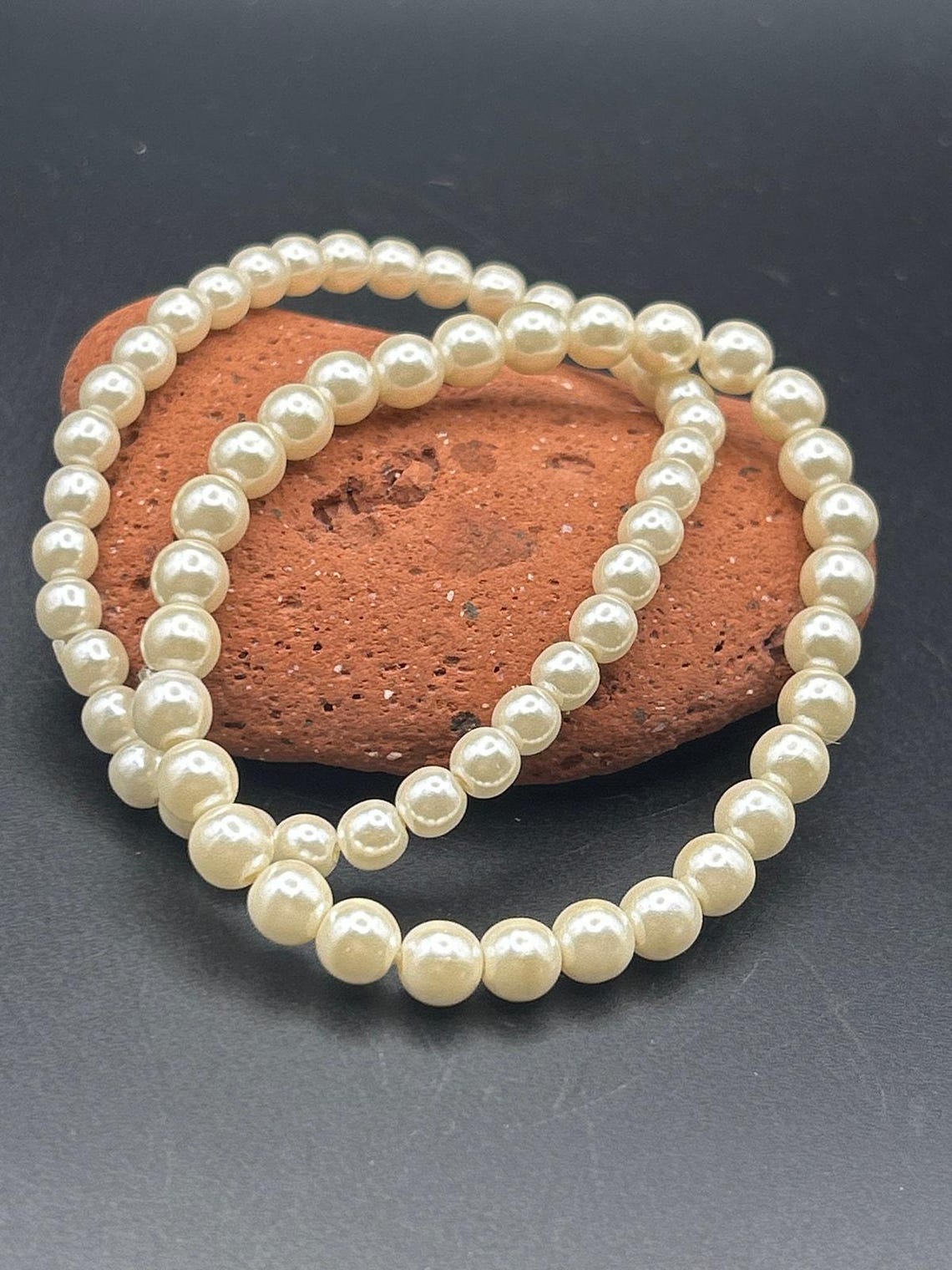 Vintage 1980s Faux Pearl Stretch Bracelets Set of 2 | Retro Stackable Ivory, photo 3 of 3