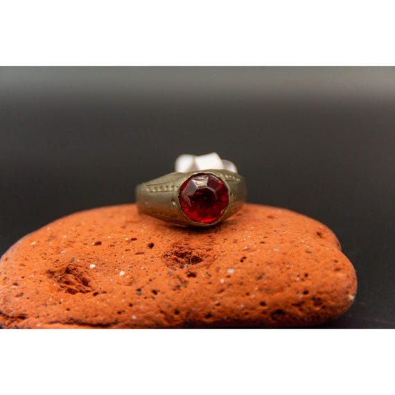 Afghan Kochi Tribal Ring, Handmade Silver-Toned Red Glass Stone, Size 8
