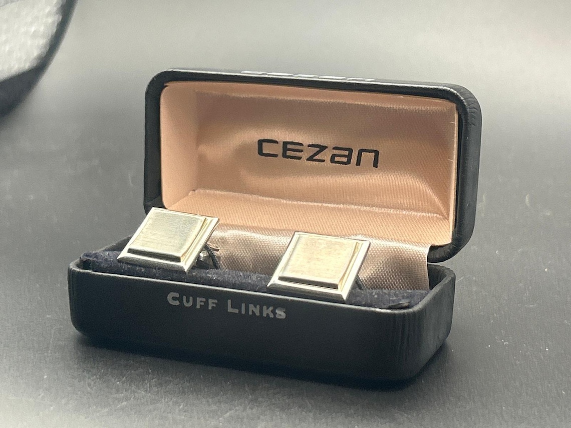 Vintage Cezan Silver Tone Cufflinks | Retro Modernist Bar Geometric Boxed, photo 2 of 5