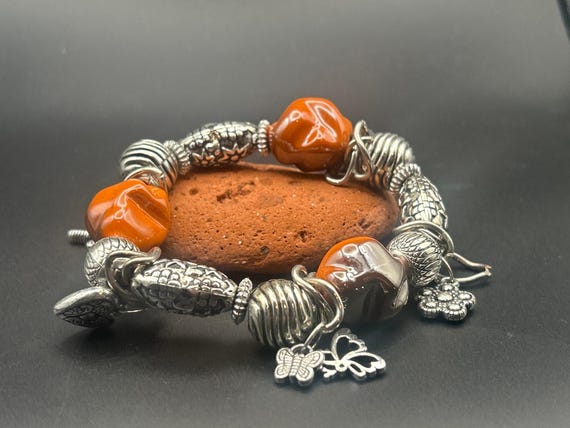 Vintage Orange Beaded Charm Bracelet | Silver Tone Heart Butterfly Dragonfly
