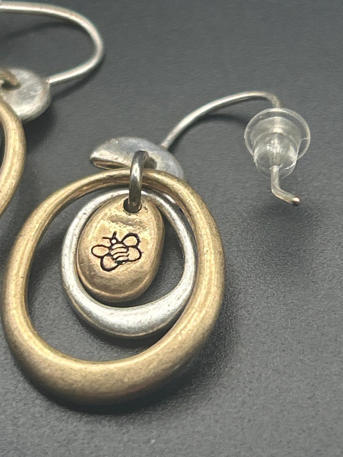 Vintage Mixed Metal Gold Silver Tone Bee Honeybee Drop Earrings, photo 2 of 4