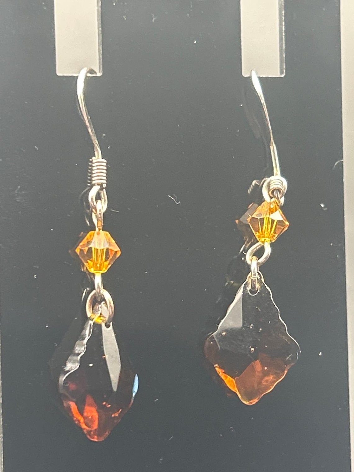 Vintage Amber Faceted Dangle Earrings | Orange Bead Diamond Drop, photo 3 of 6