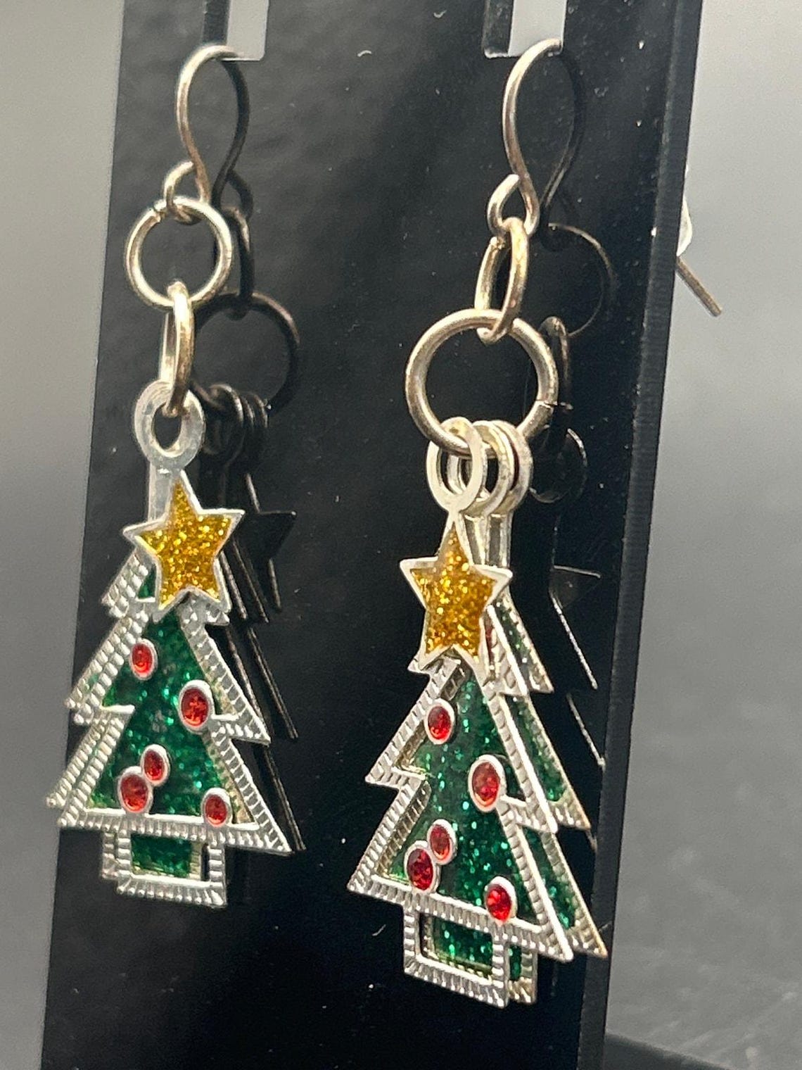 Christmas Tree Enamel Silver Tone Triple Layer Dangle Earrings Holiday Xmas, photo 3 of 6