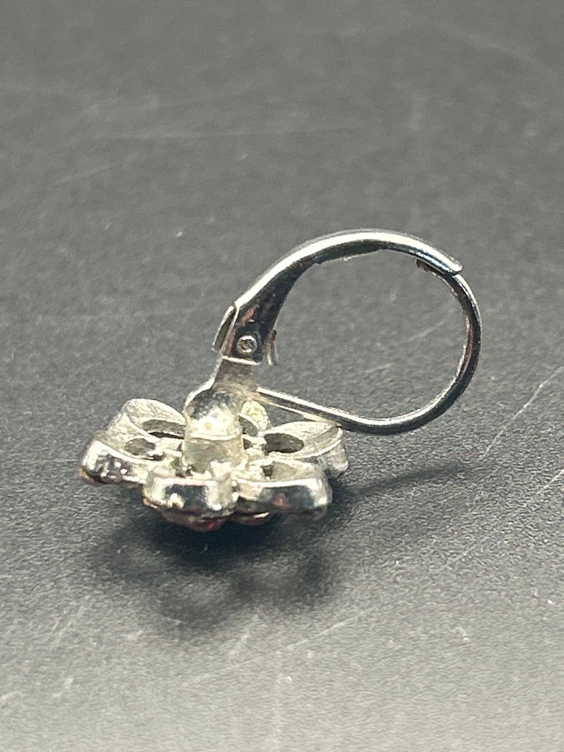 Vintage Silver Tone Pink Rhinestone Floral Dangle Drop Earrings, photo 6 of 6