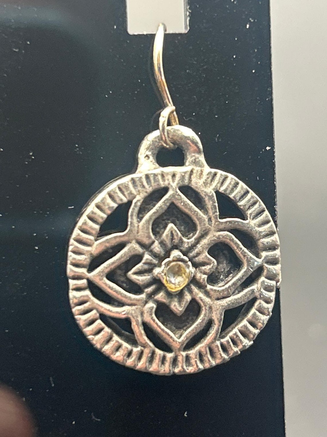 Vintage Silver Tone SE Asian Style Embossed Floral Disc Dangle Earrings, photo 5 of 7