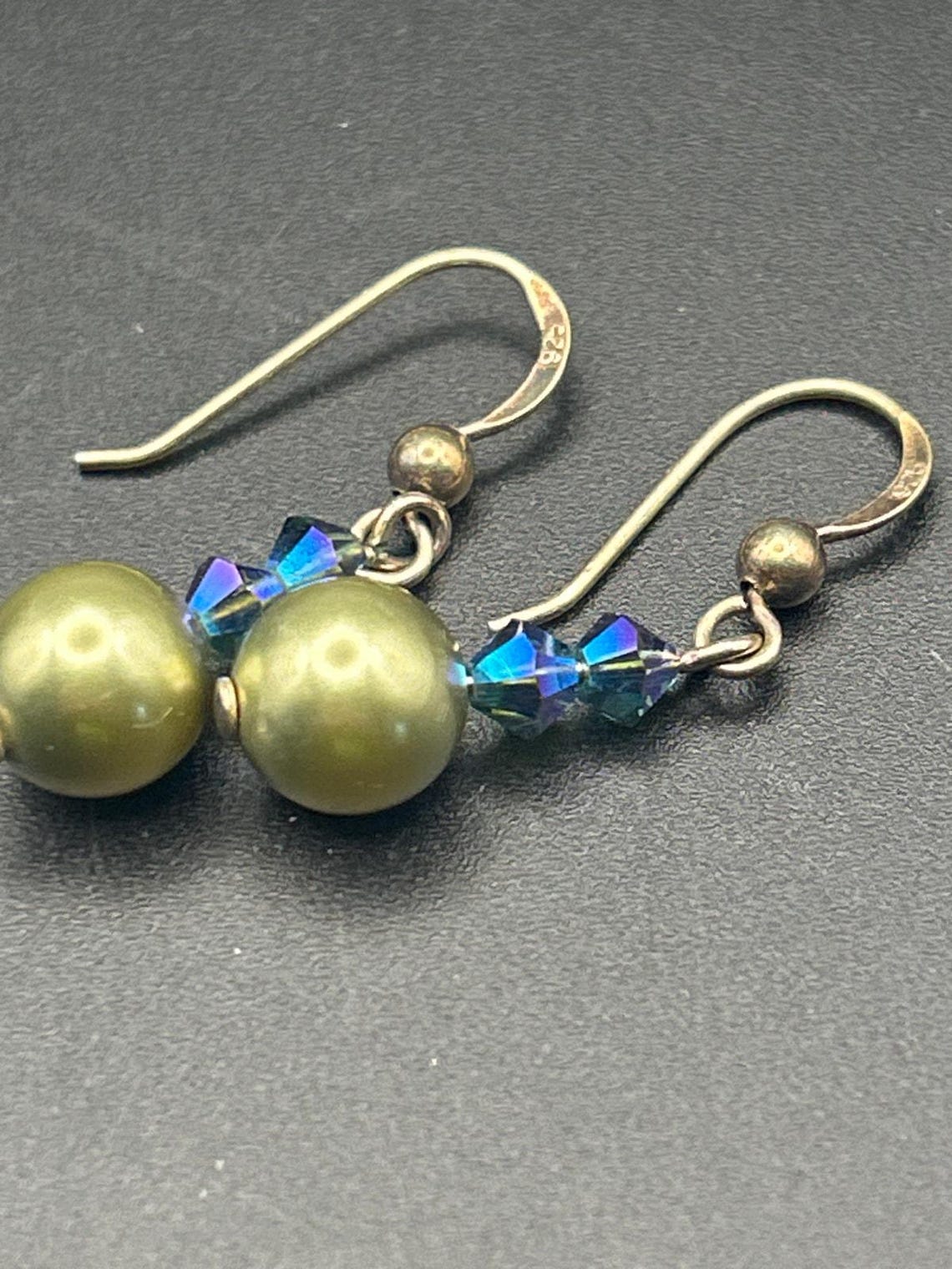 Handmade Olive Green Faux Pearl AB Crystal Bead Drop Dangle Earrings, photo 4 of 4