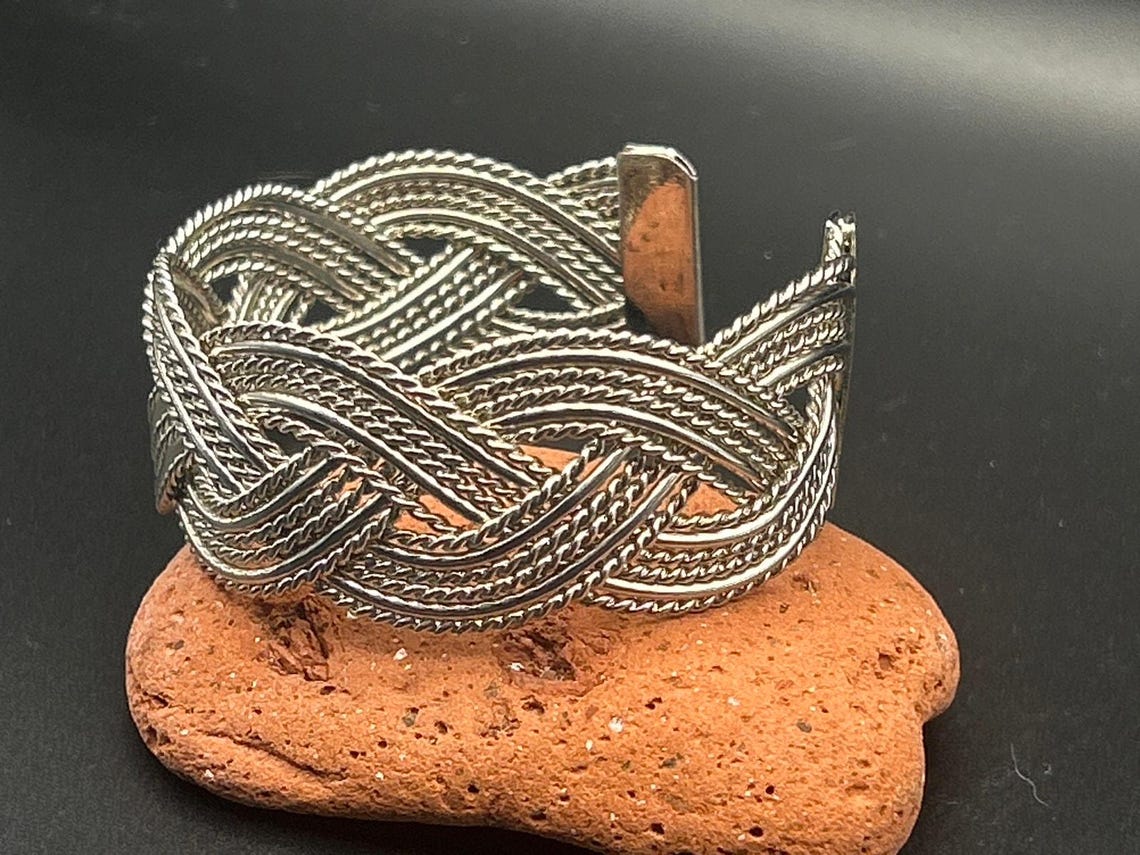 Vintage Silver Tone Braided Wire Cuff Bracelet Mixed Texture Open Bangle Adjust, photo 2 of 5