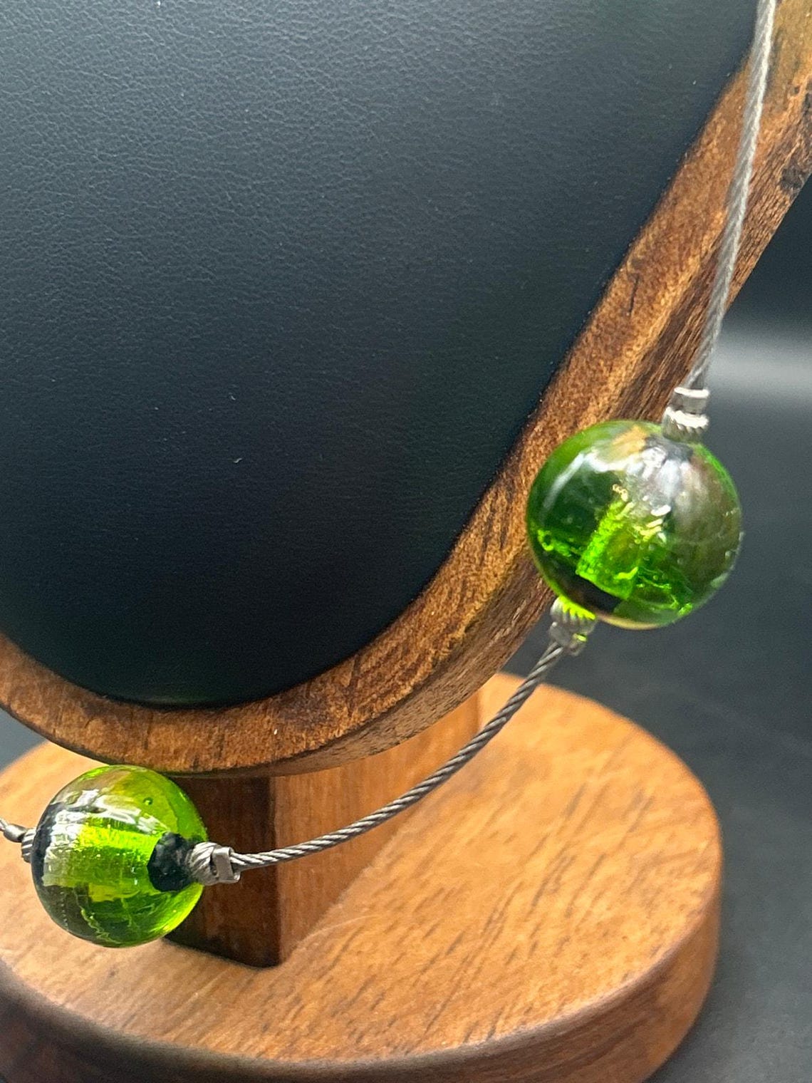 Handmade Green Swirl Glass Marble Pendant Necklace | 30" Long Steel, photo 3 of 4