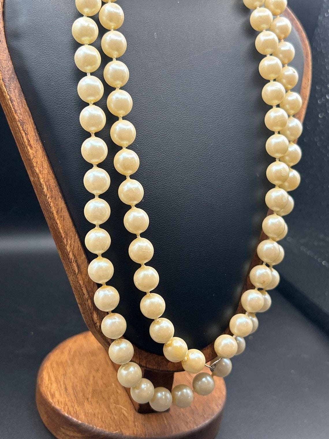 Vintage Long Double Strand Faux Pearl Necklace | 30" Cream Beads, photo 2 of 4