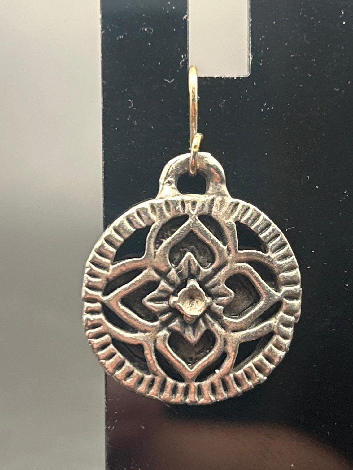 Vintage Silver Tone SE Asian Style Embossed Floral Disc Dangle Earrings, photo 4 of 7