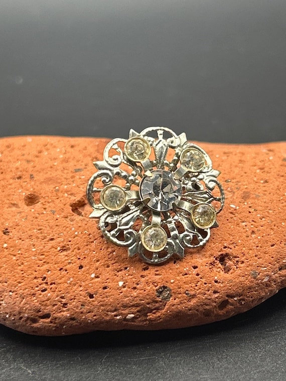 Vintage Mid Century Silver Tone AB Rhinestone Flower Brooch | 1960s Aurora Pin
