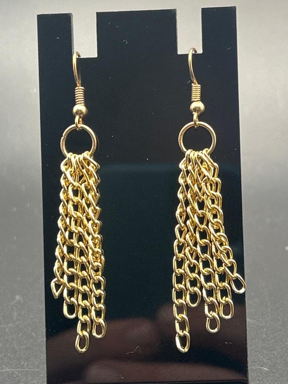 Vintage Gold Tone Multi Strand Fringe Chain Tassel Dangle Earrings