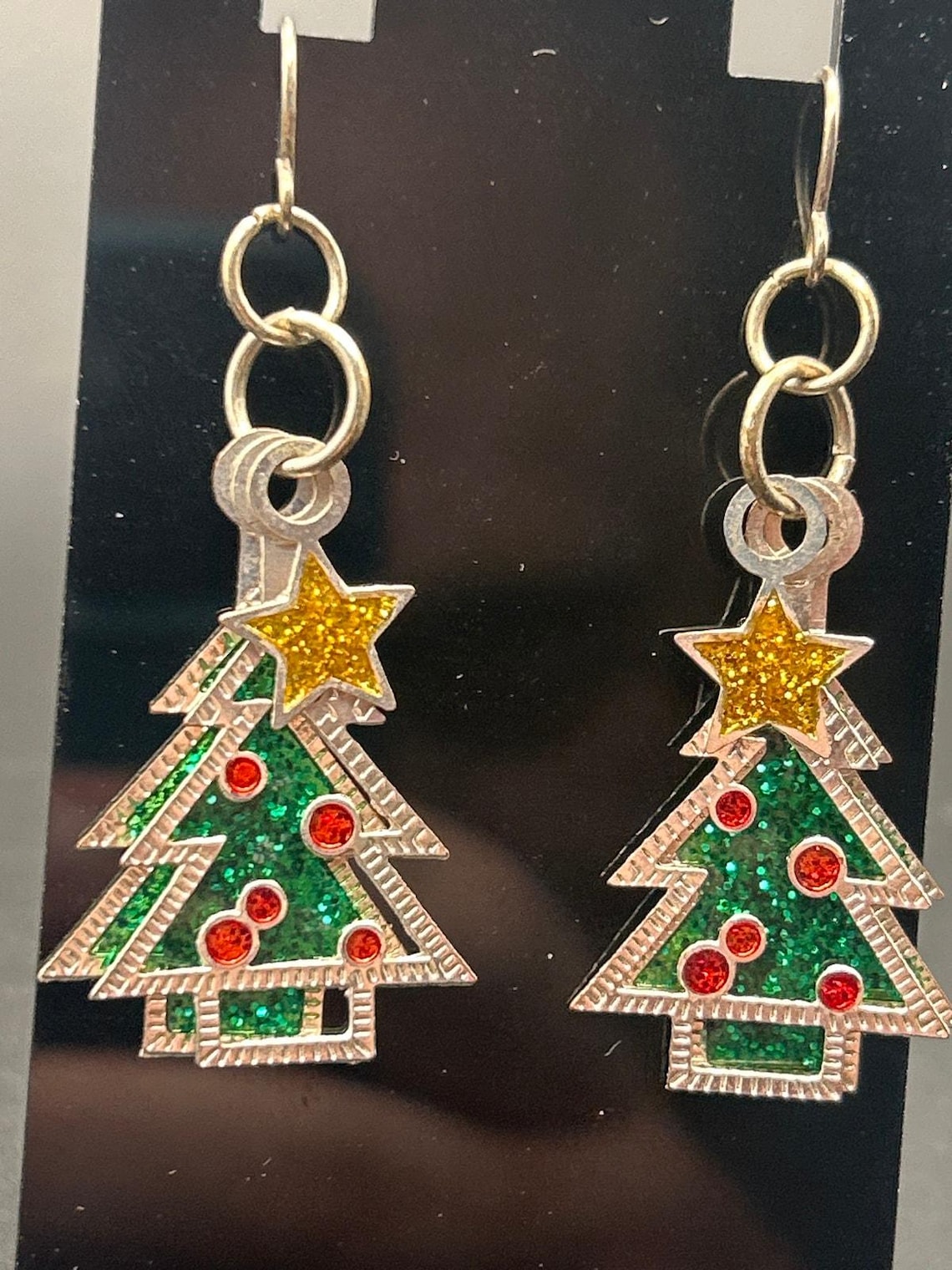 Christmas Tree Enamel Silver Tone Triple Layer Dangle Earrings Holiday Xmas, photo 2 of 6