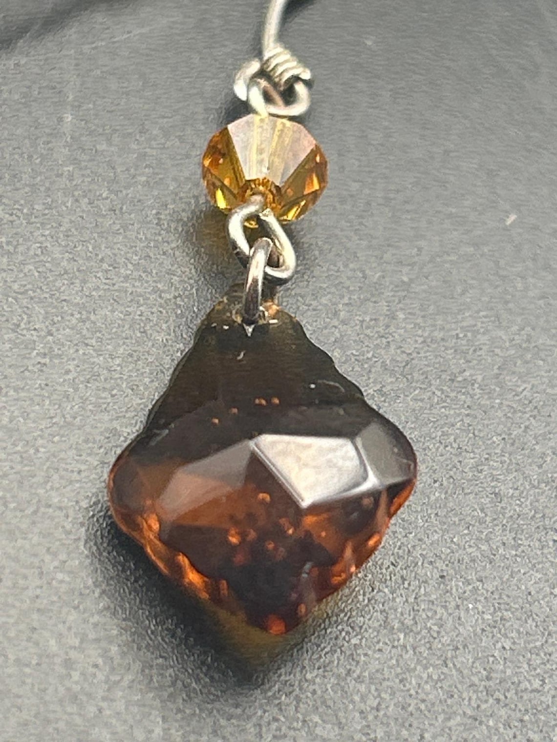 Vintage Amber Faceted Dangle Earrings | Orange Bead Diamond Drop, photo 6 of 6