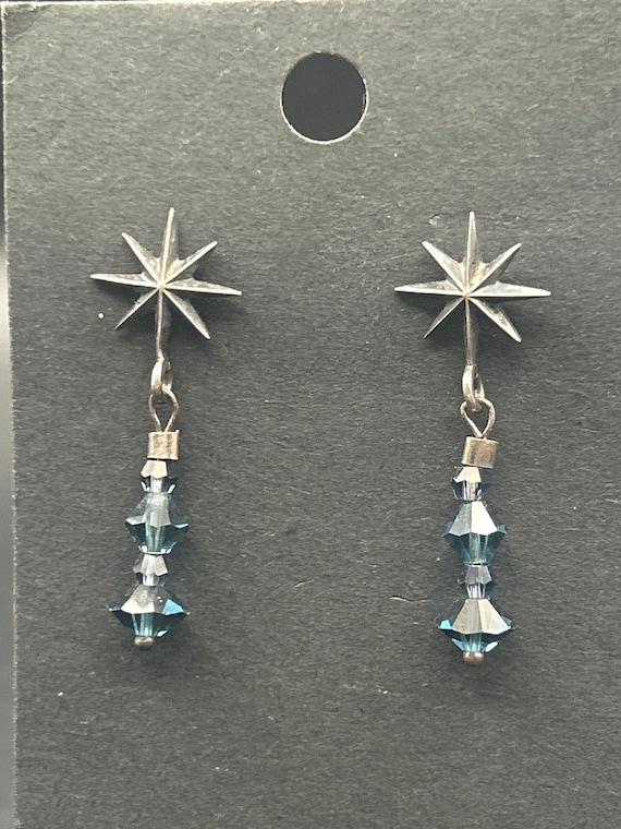 Vintage Sterling Silver 925 North Star Blue Crystal Dangle Drop Post Earrings
