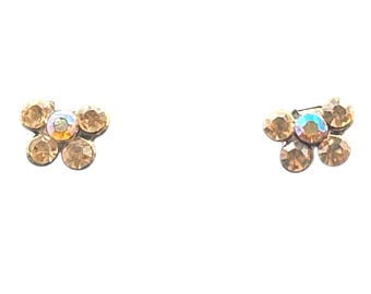 Vintage Gold Tone AB Crystal Cluster Spiral Earrings Iridescent Dangle Drop