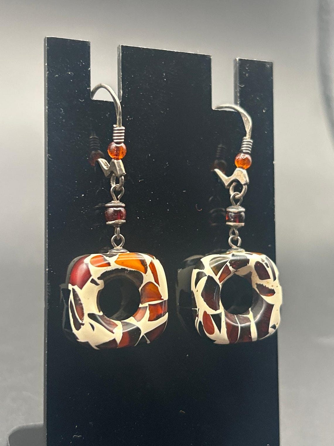 Vintage Modernist Resin Swirl Drop Dangle Earrings Amber Accent, photo 2 of 8