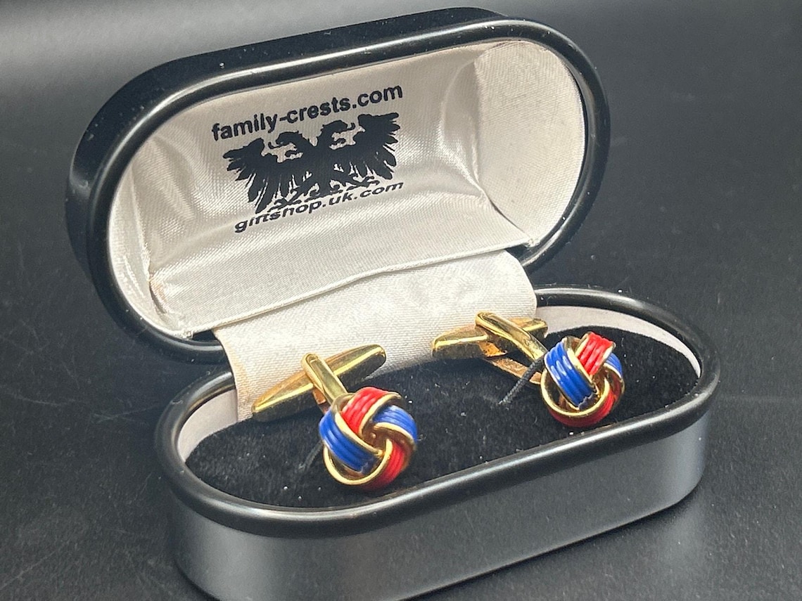 Vintage Red Blue Enamel Love Knot Cufflinks | Gold Tone Boxed Wedding Gift Dad, photo 2 of 5