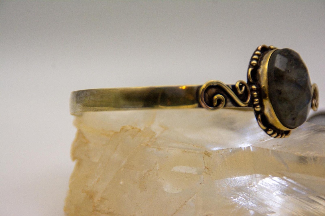 Blue Flash Labradorite Cuff | Gold Over Sterling Silver Boho Bracelet, photo 8 of 9
