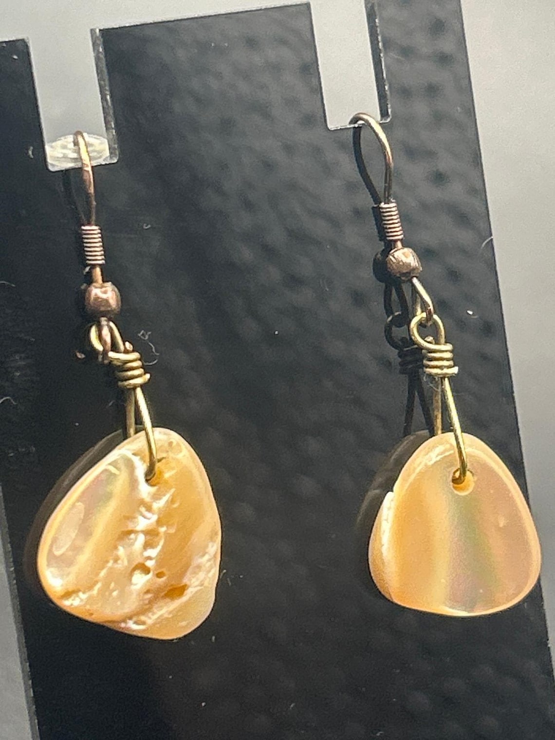Vintage Gold Tone Mother of Pearl Shell Teardrop Dangle Earrings, photo 4 of 4