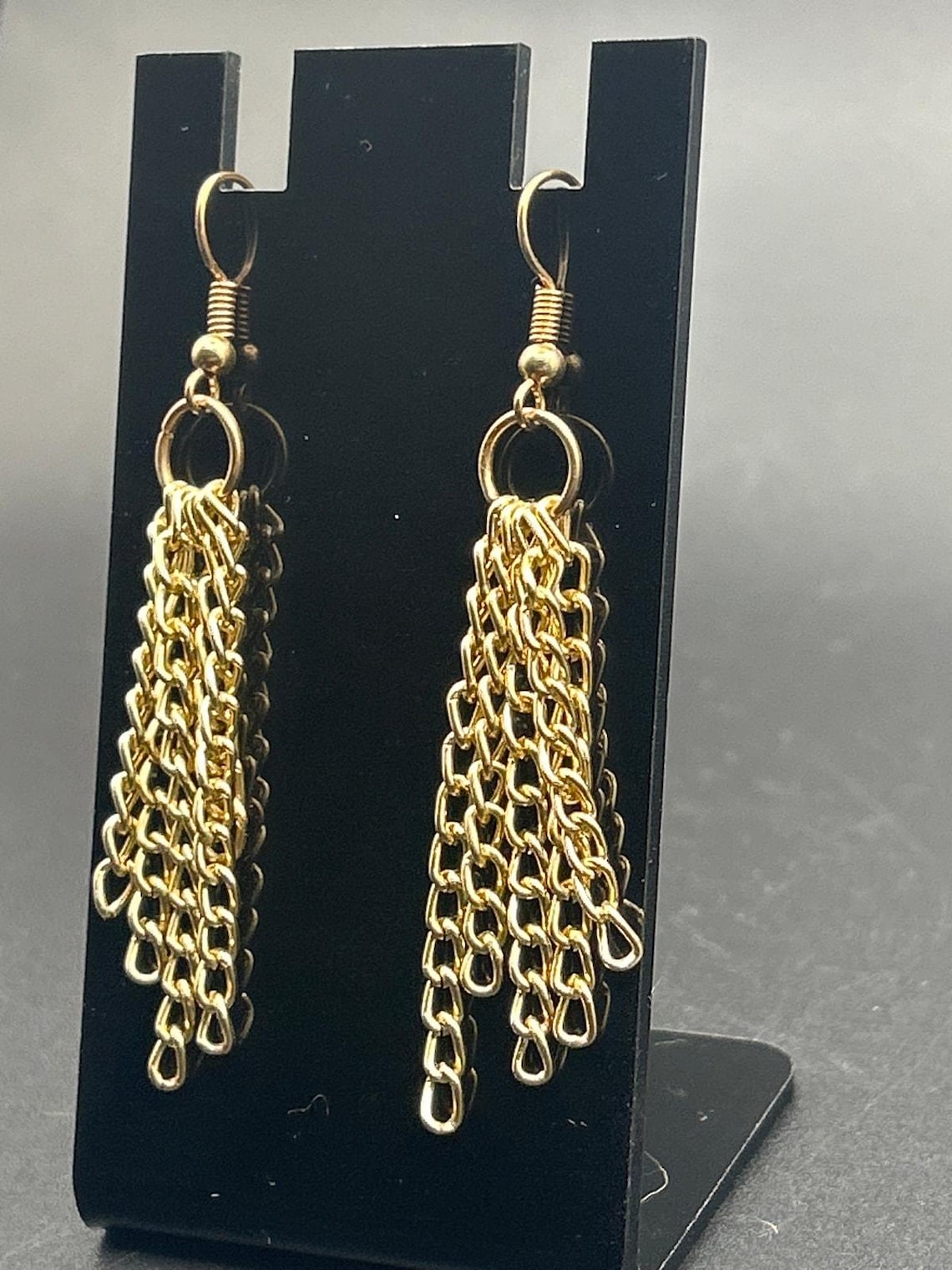 Vintage Gold Tone Multi Strand Fringe Chain Tassel Dangle Earrings, photo 3 of 6