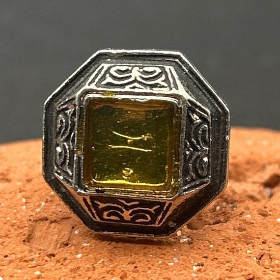 Vintage Geometric Octagon Yellow Glass Gem Silver Tone Lapel Pin