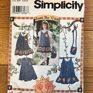 May include: Simplicity sewing pattern 7015, featuring a girl's dress design. The pattern includes multiple dress styles with various details. The package has the text "Just Be 'Cuz" and size AA 3,4,5,6.
