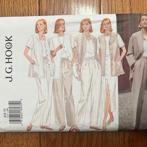 May include: A sewing pattern for a women's clothing design. The pattern is for a long skirt, pants, and a jacket. The pattern is from Butterick and is for sizes 6-8-10. The pattern is for a J.G. Hook design.