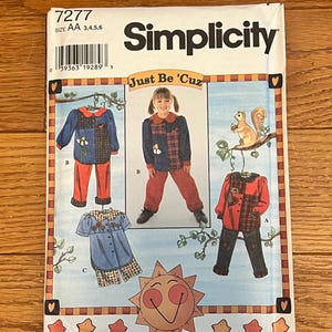 May include: Simplicity sewing pattern 7277 for children's clothing, sizes 3, 4, 5, and 6. The pattern features illustrations of outfits, including a jacket and pants set, a dress, and a squirrel graphic. The text "Just Be 'Cuz" is also visible.