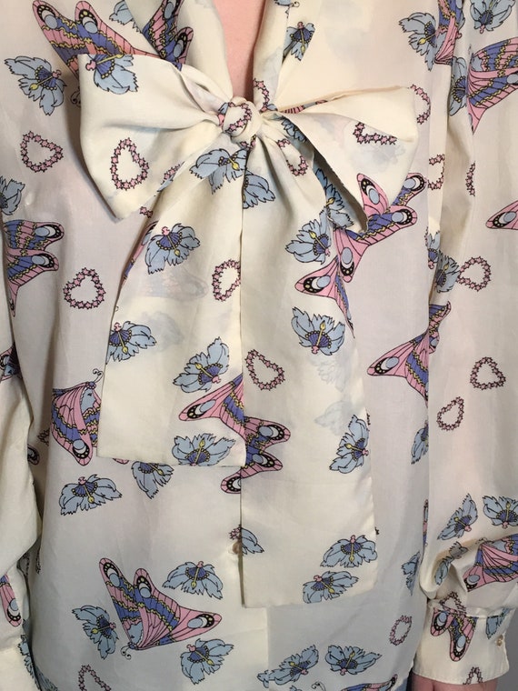 Vintage Butterfly Print Pussy Bow Blouse - image 4