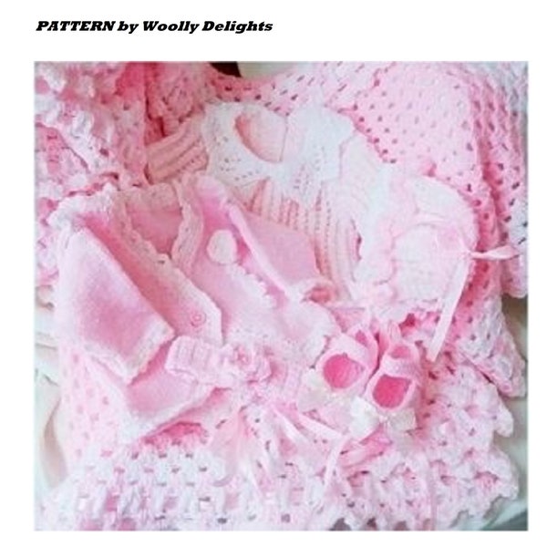 Baby Layette Knitting Pattern, Double Knitting Pattern For BABY DRESS SET with swing dress - bolero - blanket -  hat  - headband  knitting