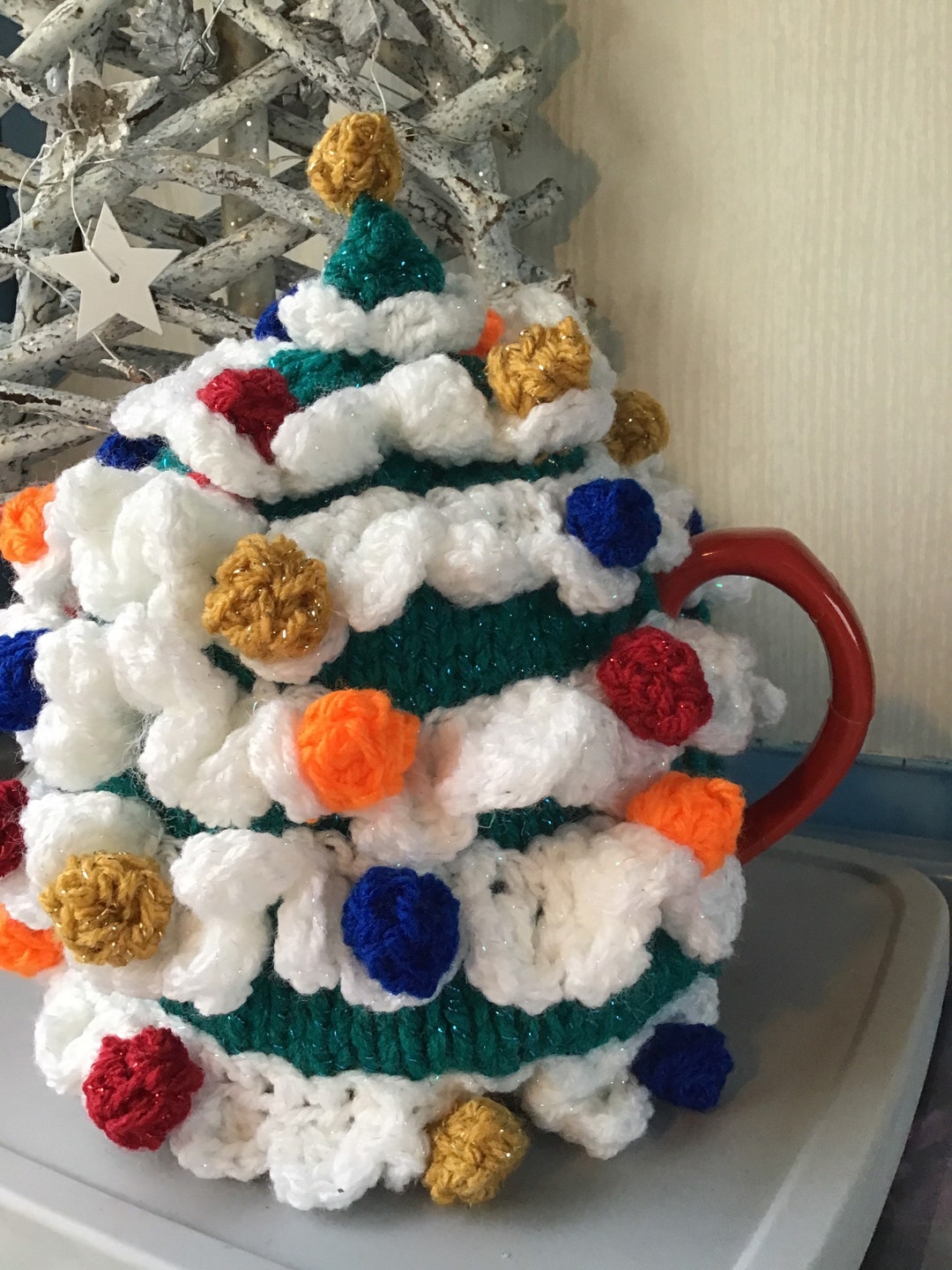 Christmas Tree Tea Cosy, Hand Knitted Tea Cosy, Knitted Xmas Cosy