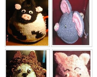 Tea Cosy Knitting Pattern BOOKLET  Lion, Cow, Pig and Elephant tea cosy  knitting  patterns  instant download pdf