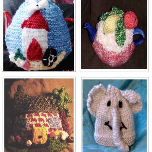 Tea Cosy Knitting Patterns , Novelty Tea Cosies, 4 Tea Cosy designs to Knit, pdf pattern Elephant, House, Fruit & Floral Cosys