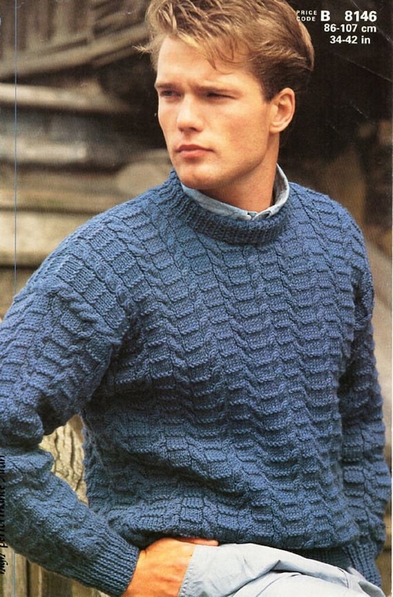 MENS KNITTING PATTERN Textured Sweater Pdf Crew Neck MENS KNITTING PATTERN Textured Sweater Pdf Crew Neck