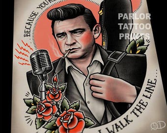 Johnny Cash Tattoo Flash Art Print