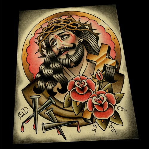 Classic Jesus Color Tattoo Flash - Etsy Classic Jesus Color Tattoo Flash - Etsy