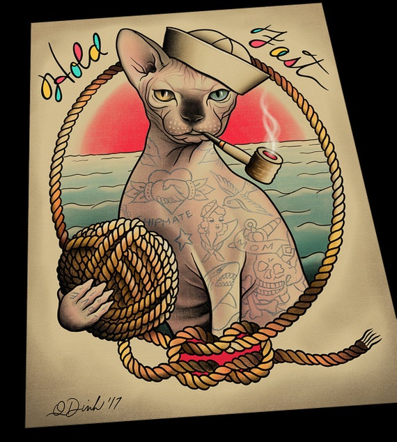 Tatty Catty Sphynx Hairless Cat Tattoo Flash Art Print | Etsy