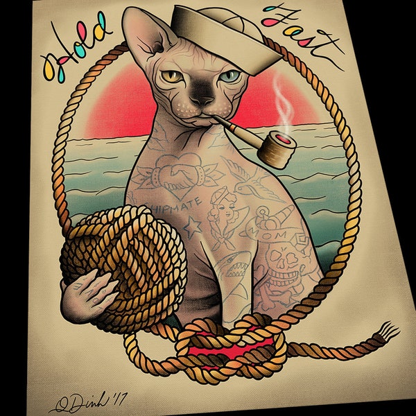 Tatty Catty Sphynx Hairless Cat Tattoo Flash Art Print