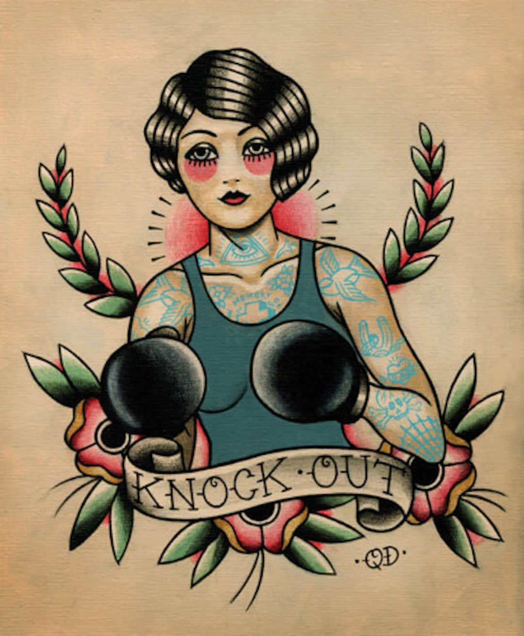 Boxer Flapper Girl Tattoo Art Print 