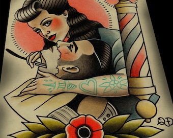 Rockabilly Lady Barber  Barbering Tattoo Print Art