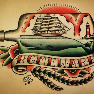 Ship and Whale in a Bottle Nautical Tattoo Flash image 1