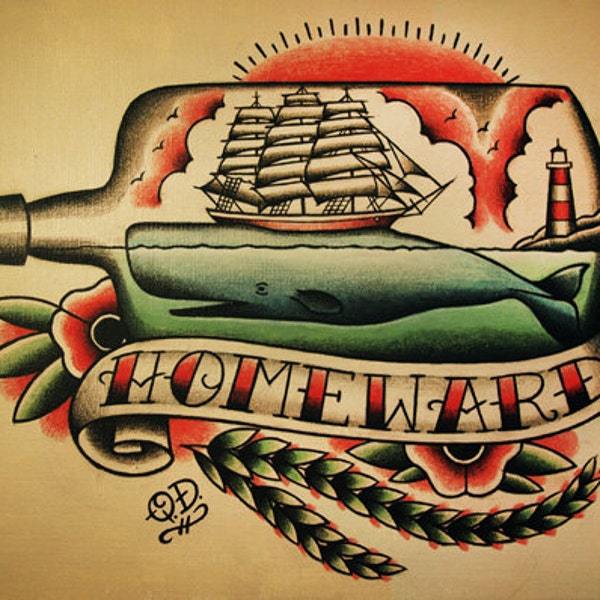 Ship and Whale in a Bottle Nautical Tattoo Flash