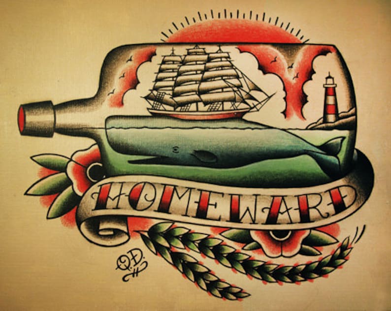 Ship and Whale in a Bottle Nautical Tattoo Flash image 1