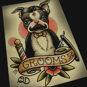 8x10 Tattoo Print - Boston Terrier Barber