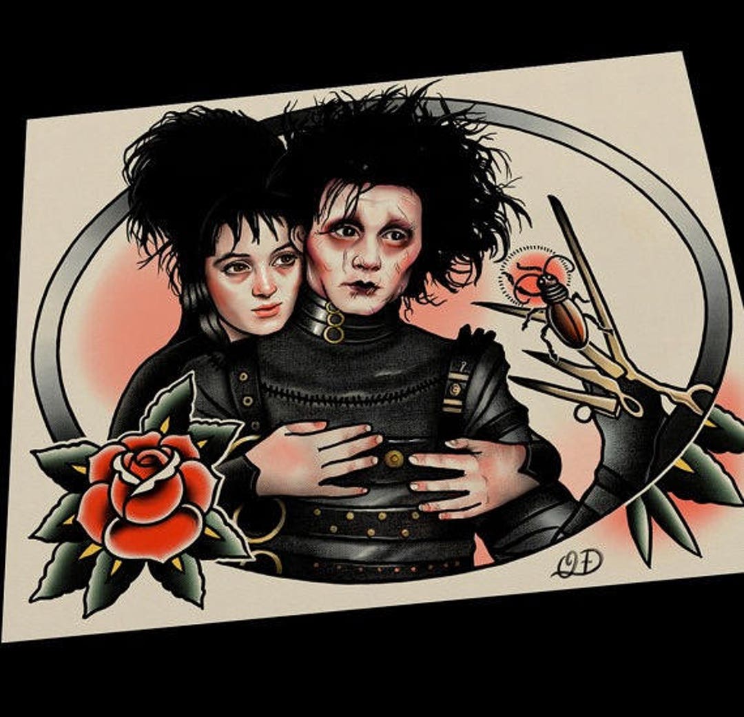 Edward Scissorhands and Lydia Deetz Beetlejuice Tattoo Flash Etsy