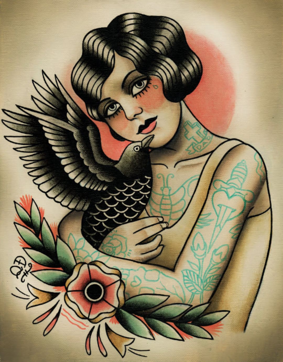 Boxer Flapper Girl Tattoo Art Print 